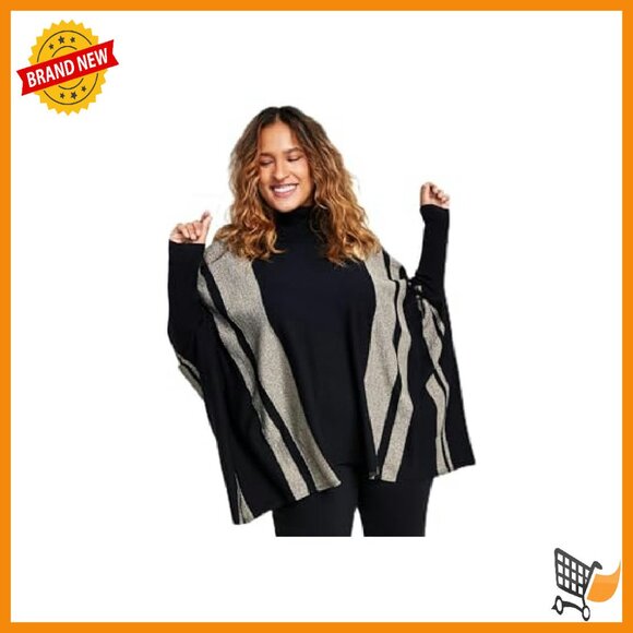 Plus Size Lurex Striped Poncho Sweater Turtleneck Pullover